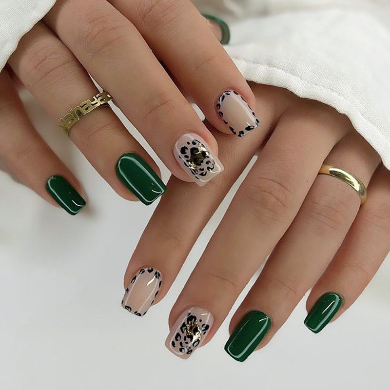 Safari Chic Long Square Green and Beige Press-On Nails with Animal Print and Paw Design