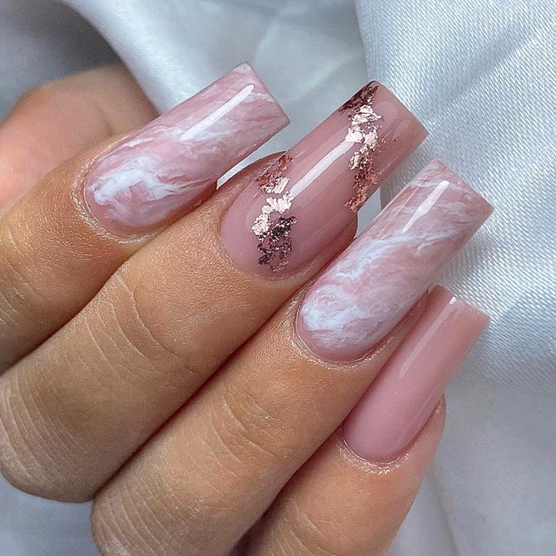 Marble Majesty Medium Coffin Pink Press On Nails with Rose Gold Foil Detail