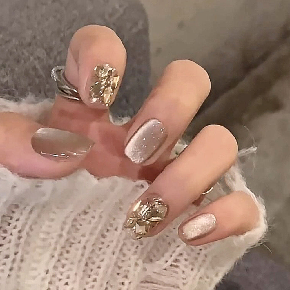 Elegant Soir‚âàŒ©e Medium Squoval Beige Glitter Accented Press On Nail Set with 3D Gold Embellishments