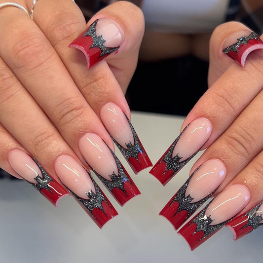Red Carpet Ready Extra Long Coffin Red and Silver Glitter Press-On Nails with Starburst Accents