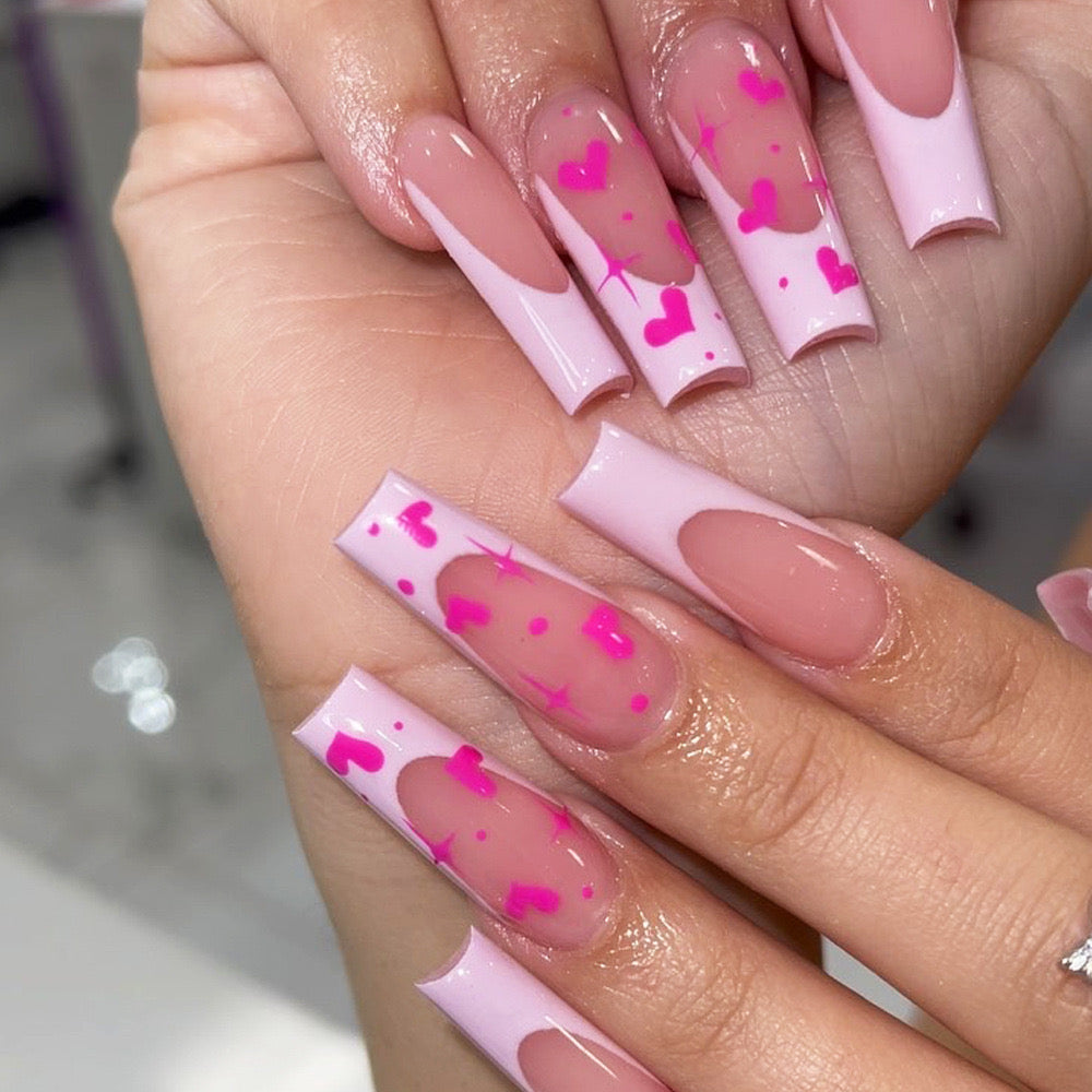 Valentine Romance Long Coffin Baby Pink Press-On Nails with Hot Pink Hearts and Glitter Accents