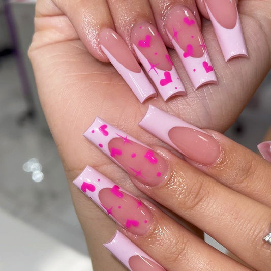 Valentine Romance Long Coffin Baby Pink Press-On Nails with Hot Pink Hearts and Glitter Accents