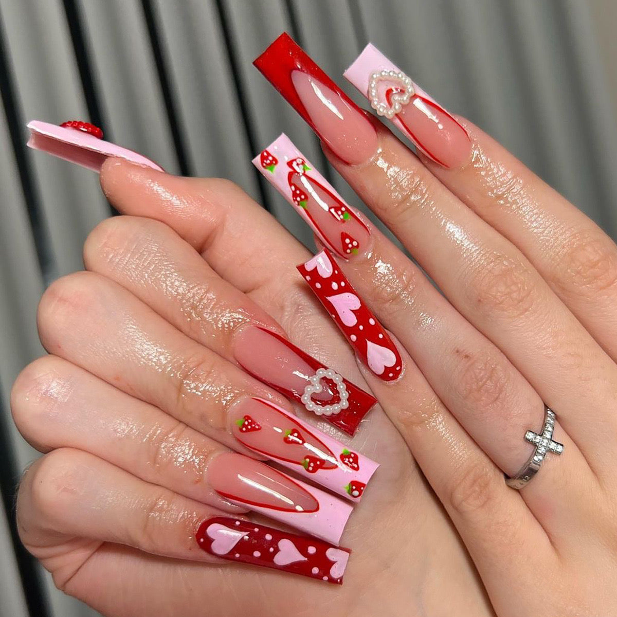 Sweetheart Berries Long Coffin Red Press-On Nails with Strawberry and Polka Dot Design and Heart Charms