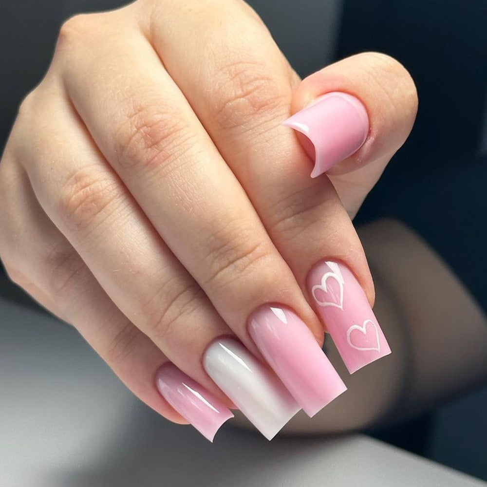 Loving Whisper Long Square Pink Ombre Press-On Nails with White Heart Accents