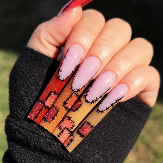 Sundown Silhouette Medium Coffin Lavender Press-On Nails with Gradient Sunset and Barbed Wire Art