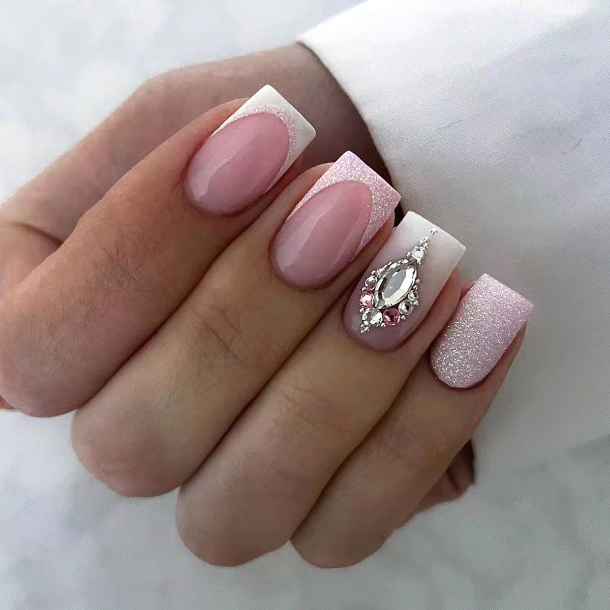 Romantic Affair Medium Square Pale Pink Press-On Nails with Glitter Accent and Jewel Embellishment