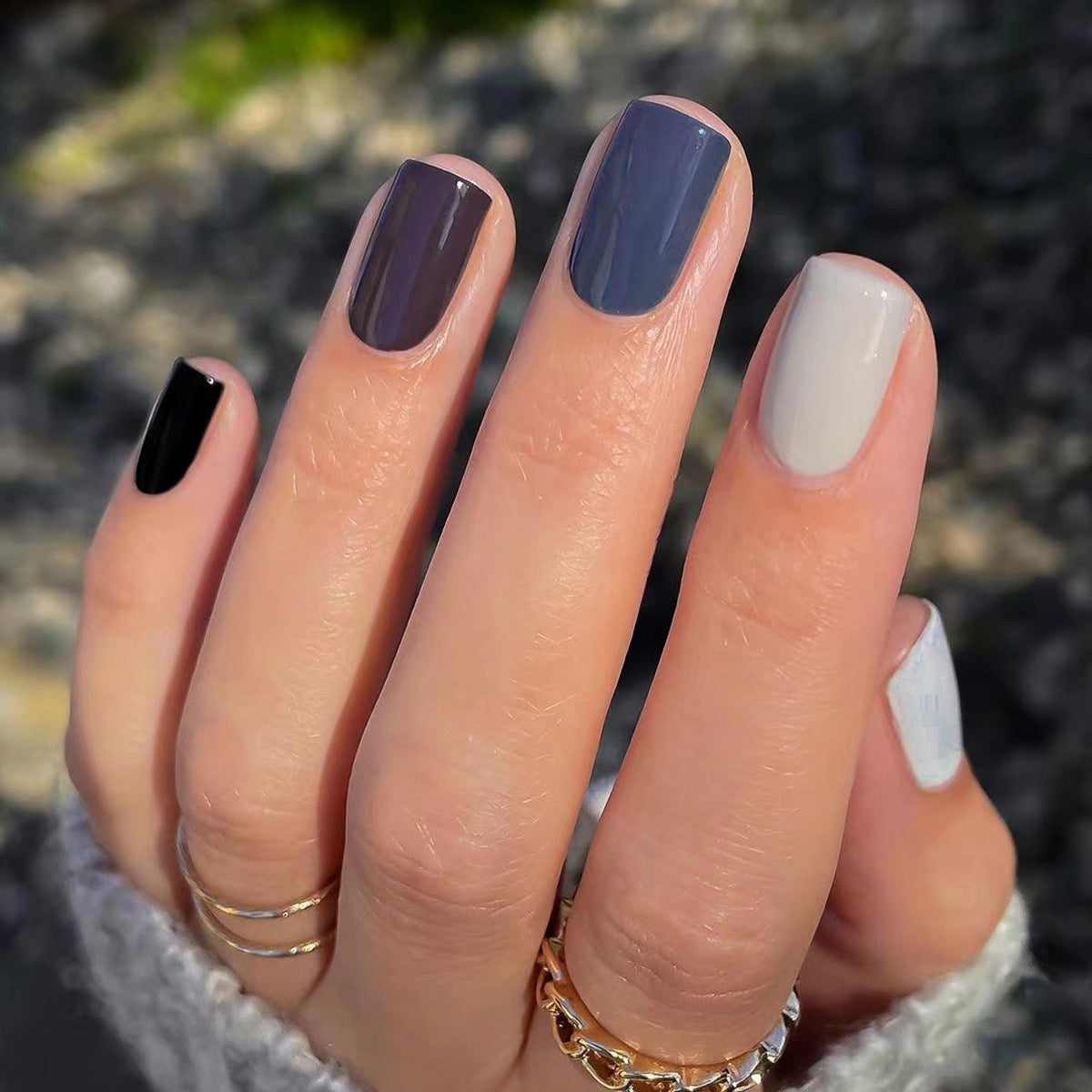 Monochrome Elegance Medium Square Gradient Press-On Nails in Black, Gray, and White