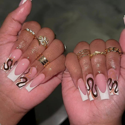 Chic Elegance Long Coffin Beige and White Press-On Nails with Swirling Brown Accents