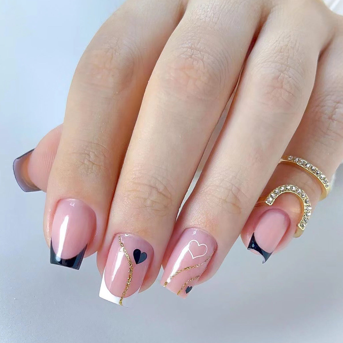 Love's Whisper Medium-Length Square Blush Pink Press-On Nails with Black Tips and Gold Accents