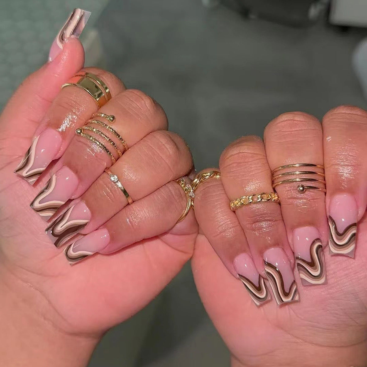 Enchanted Elegance Medium Square Wave Pink Beige Ombre Press-On Nail Set with Swirl Design