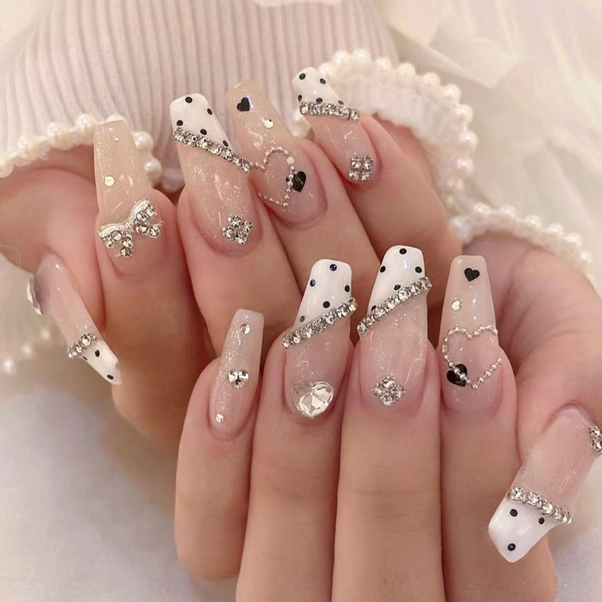 Glitzy Gala Medium Coffin Beige Press-On Nails with Polka Dot Art and Crystal Accents