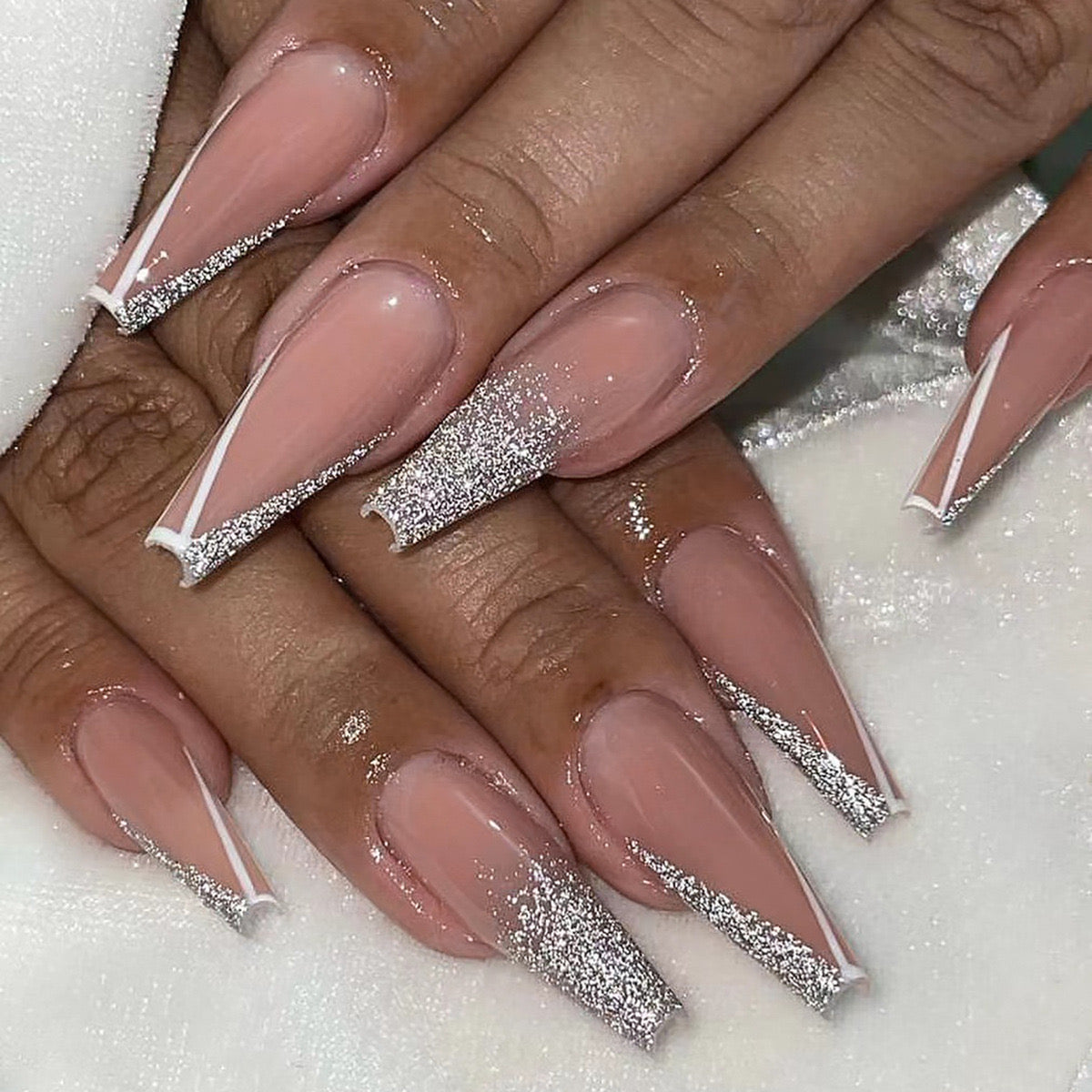 Elegant Sparkle Long Stiletto Beige Press-On Nails with Glitter Tips
