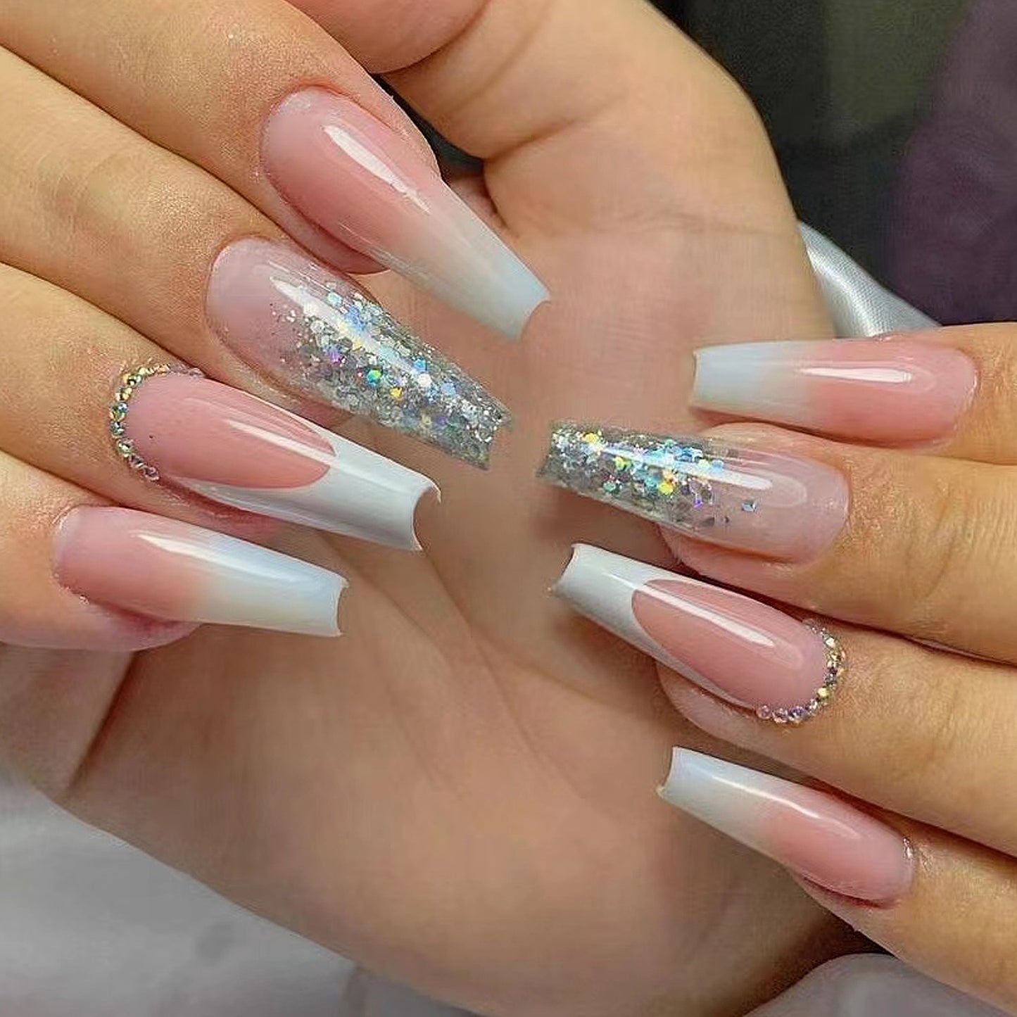 Sophisticated Sparkle Long Coffin Baby Pink Press-On Nails with Glitter Overlay and Rhinestone Embellishments