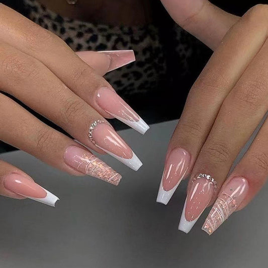 Metropolitan Chic Long Stiletto Pink and White French Tip Press-On Nails with Glitter Accents