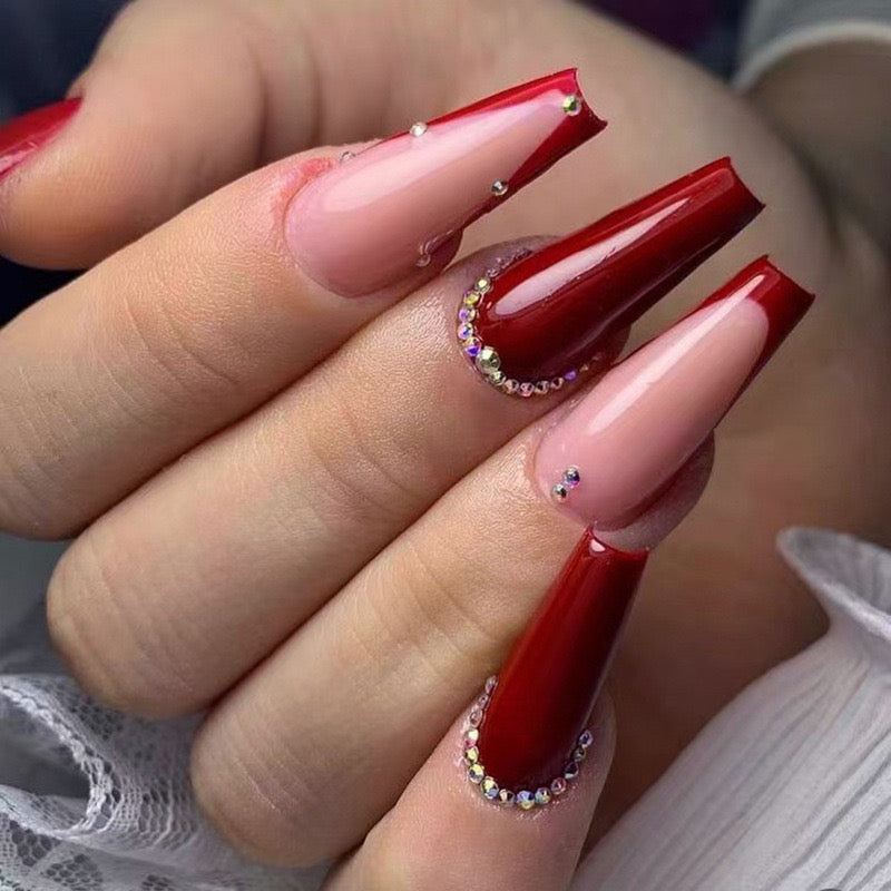 Evening Elegance Long Coffin Deep Red Press-On Nails with Crystal Accents and Dual Toned French Tips