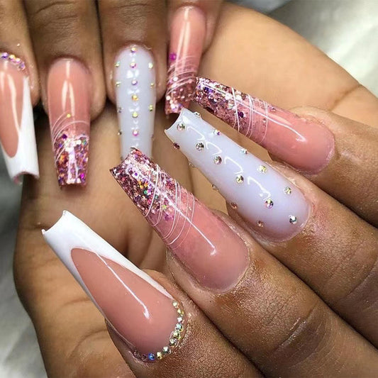 Glamorous Long Coffin Press-On Nails in Blush Pink with Glitter Ombr≈Ω and Rhinestone Embellishments