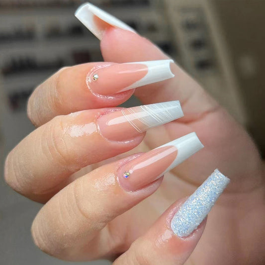 Chic Elegance Extra-Long Coffin French Tip Press-On Nails with Rhinestone Detail and Glitter Accent Nail