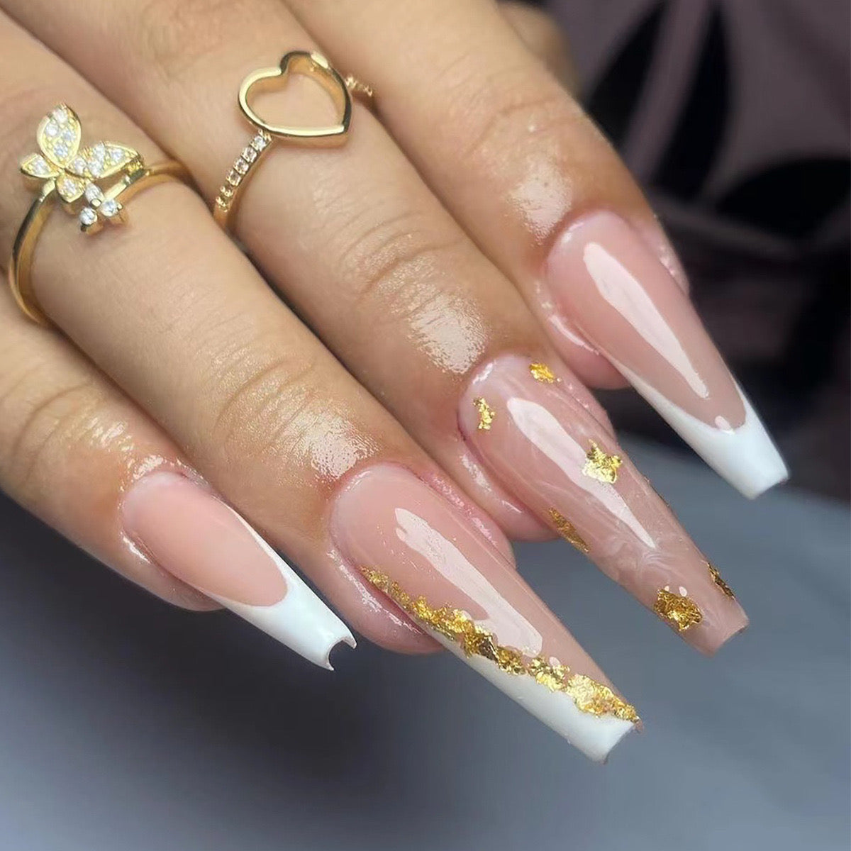 Gilded Grace Extra Long Coffin Beige and White Ombre Press-On Nails with Gold Leaf Accents