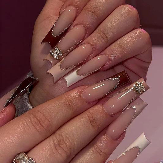 Elegant Evening Long Coffin Press-On Nails in Sheer Pink with Gold Accents and Diamond Appliques