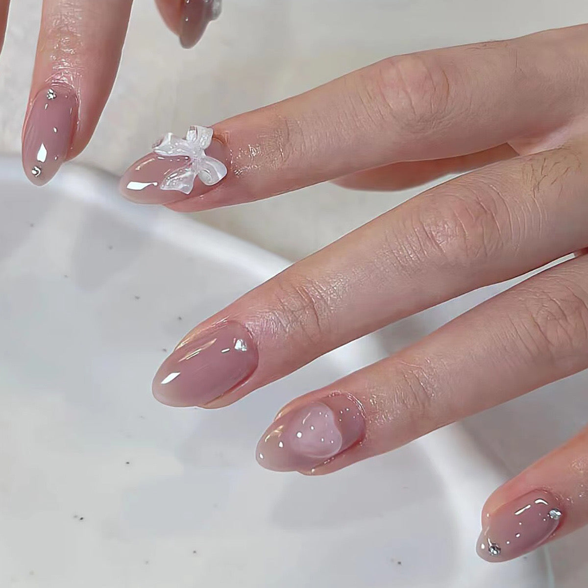 Bridal Bliss Short Almond Translucent Press-On Nails with Delicate Bow Accent
