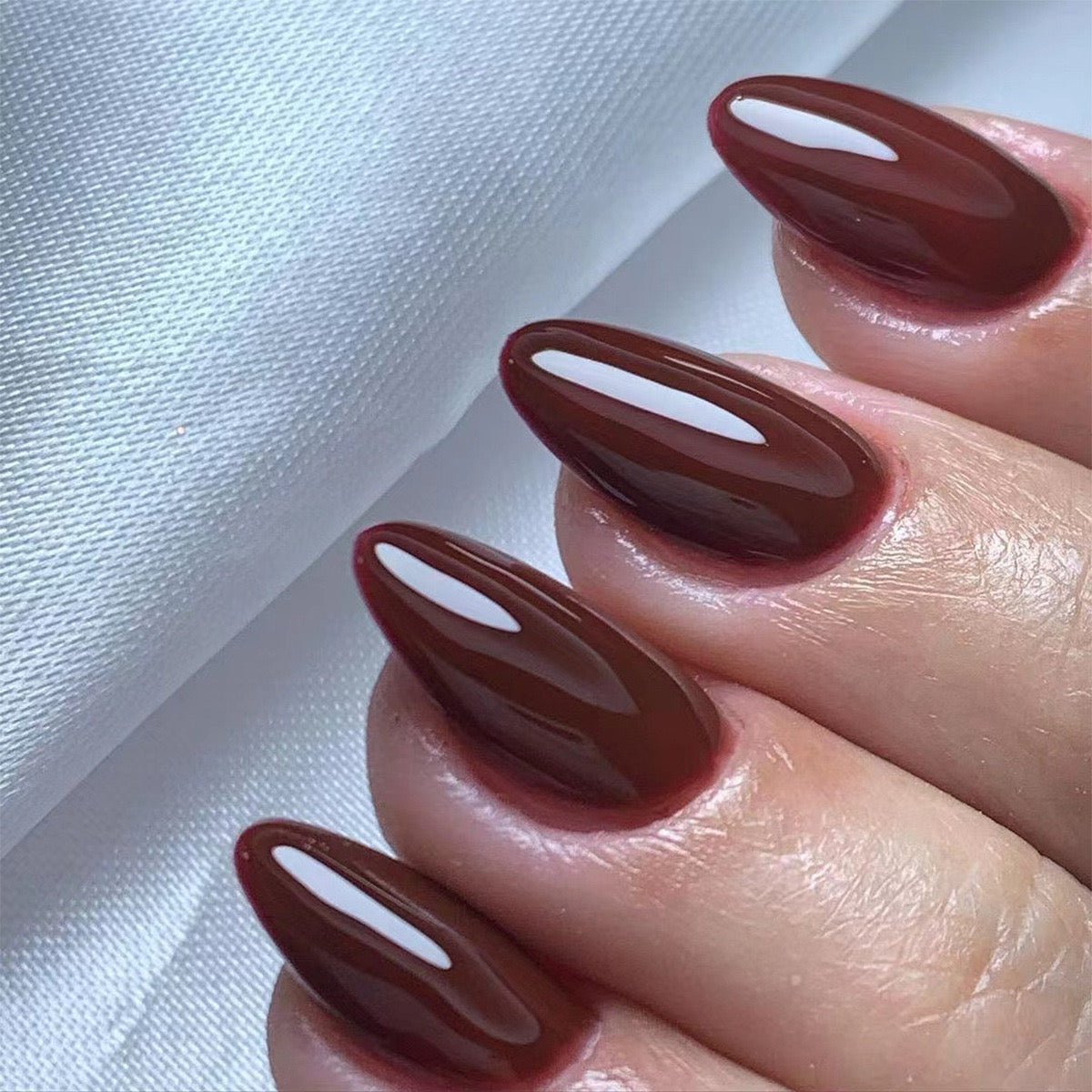 Elegant Medium Almond Rich Burgundy Press-On Nails with High-Gloss Finish