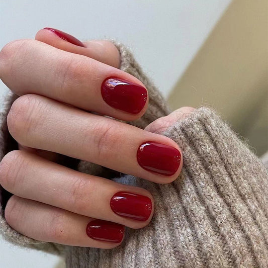 Classic Short Squoval Deep Red Press-On Nails with Glossy Finish