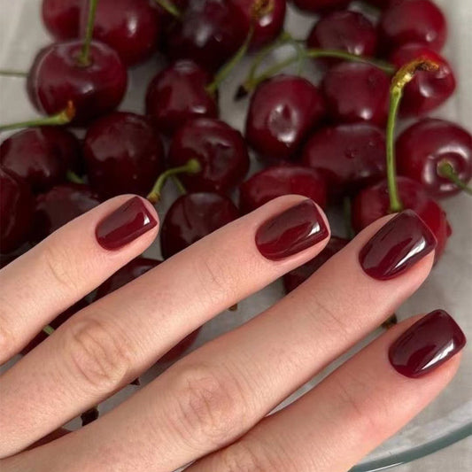 Juicy Short Squared Deep Cherry Press-On Nail Set with Glossy Finish