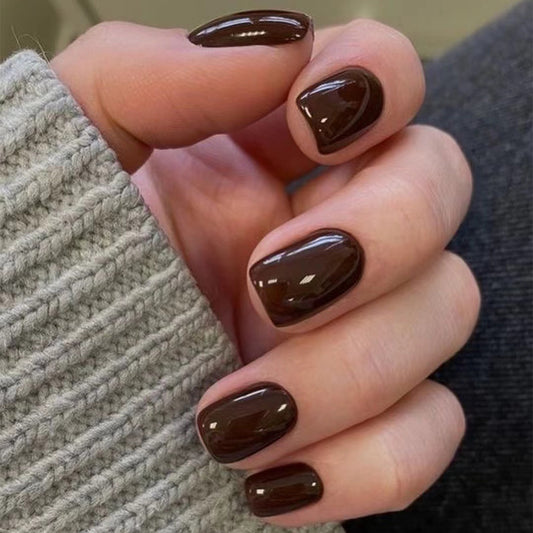 Classic Elegance Medium-Length Rounded Square Deep Chocolate Press-On Nails with Lustrous Sheen