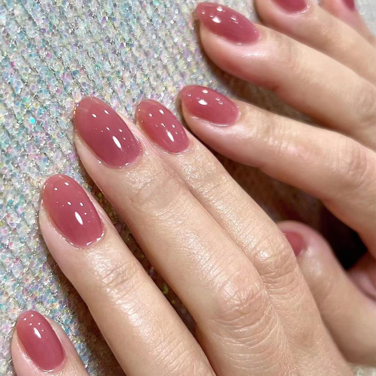 Elegant Evening Long Oval Mauve Press On Nail Set with Subtle Sparkle Accents