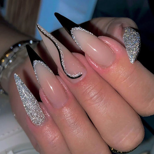 Moonlight Magic Extra Long Stiletto Beige Press-On Nails with Black Tips and Silver Glitter Accents