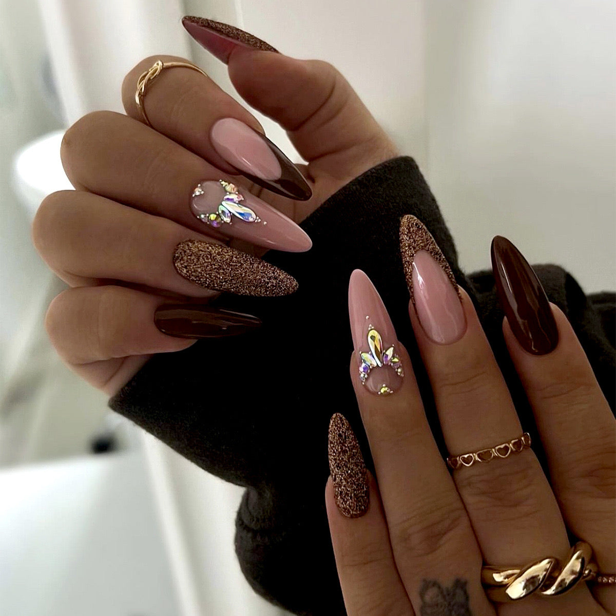 Luxe Elegance Extra Long Stiletto Press-On Nails in Mocha and Glitter with Jeweled Accents