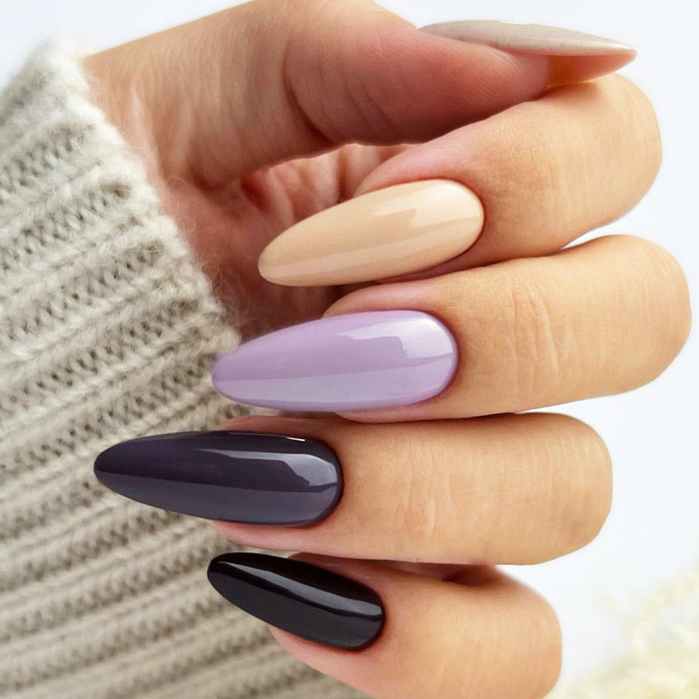 Chic Contrast Long Almond Press-On Nails Set in Gradient Neutrals and Deep Plum Palette