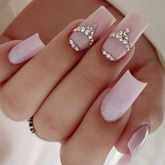 Lavender Luxe Medium Square Length Ballerina Press-On Nails with Glitter Finish and Rhinestone Embellishments