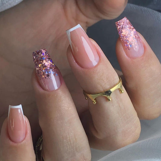 Chic Celebration Medium Coffin Blush Pink Press-On Nails with Glitter Ombr≈Ω Design