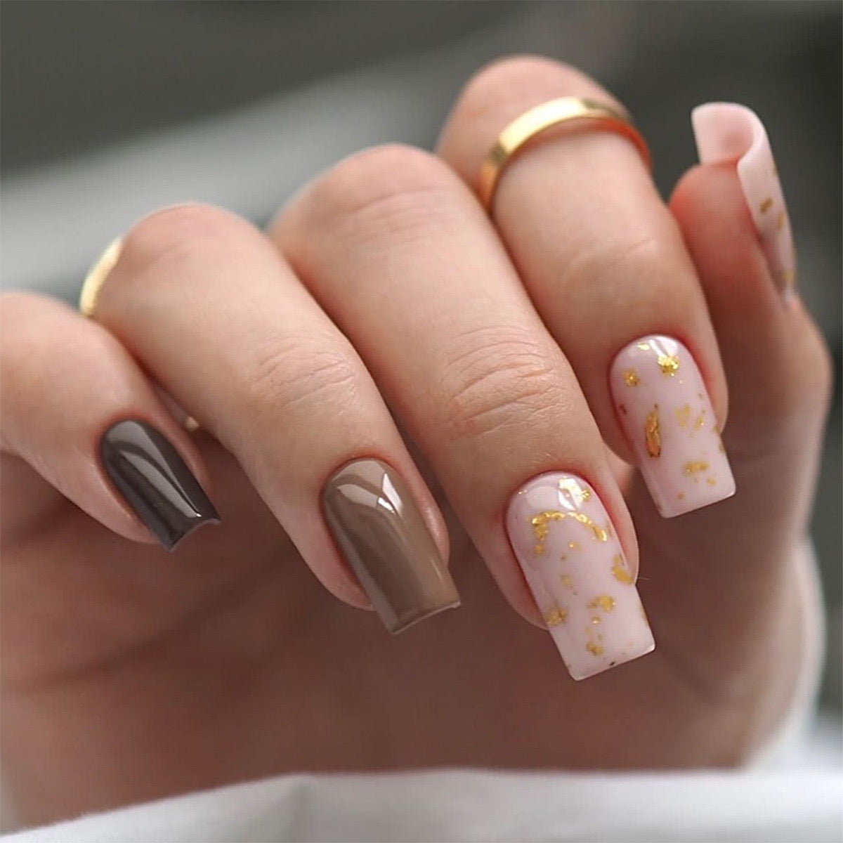 Gold Flecked Glamour Long Square Neutral Tones Press-On Nail Set with Shimmer Accents