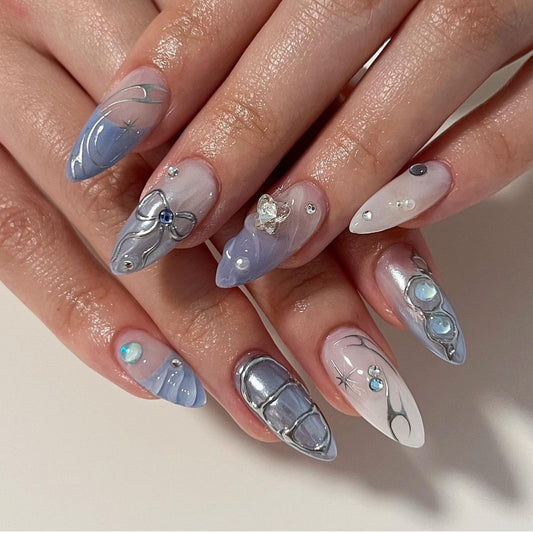 Stargazer Long Almond Gradient Blue Press-On Nails with Crystal Accents and Metallic Details