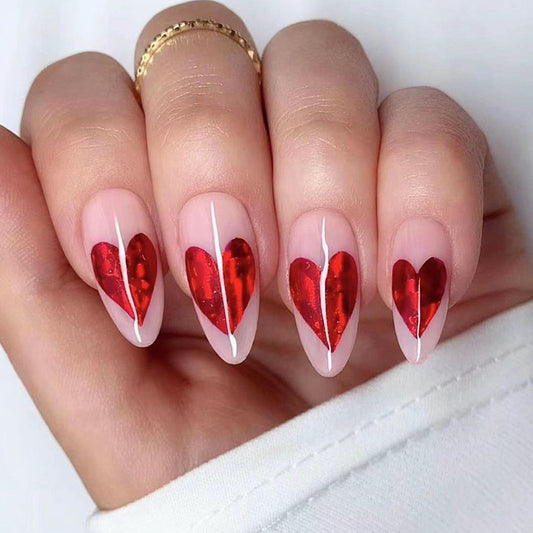 Romantic Rendezvous Medium Almond Red and White Heart Press-On Nails with Gemstone Accents
