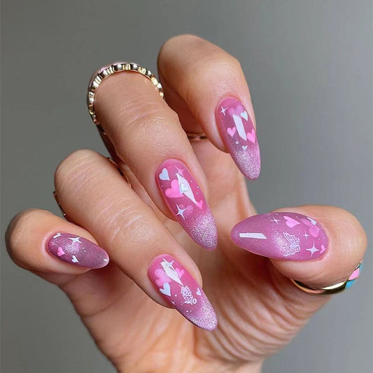 Enchanted Evening Medium Almond Lilac Gradient with White Hearts and Glitter Press-On Nails