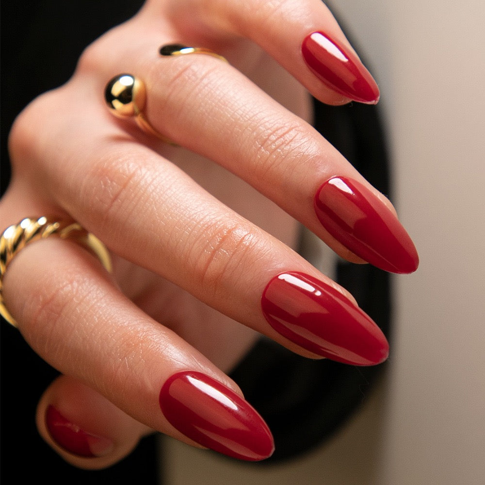 Elegant Affair Long Almond Shape Glossy Red Press On Nail Set with Gold Ring Accent