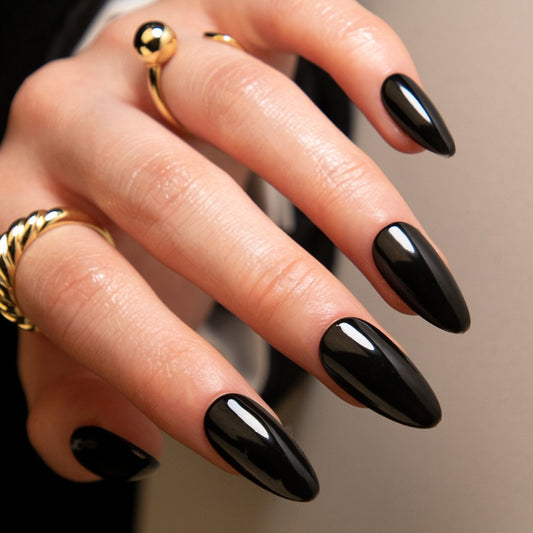 Midnight Elegance Extra Long Almond Jet Black Press On Nails with High Gloss Finish
