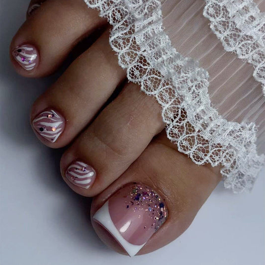 Bridal Bliss Short Square French Tip Press On Toenails with Glitter and Line Art Design