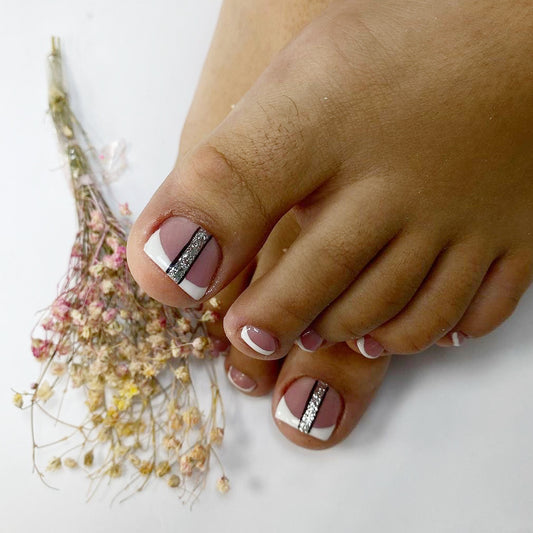 Elegant Short Square White and Black Pedicure Press On Toenails with Glitter Accent