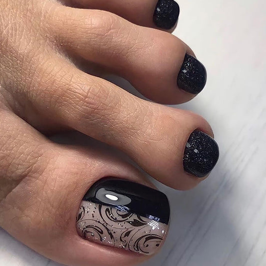 Sophisticated Short Rounded Black Pedicure Press On Toenails with Glitter and Swirl Design