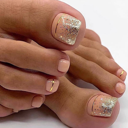 Chic Short Square Natural Press-On Toenails with Gold Glitter Accent