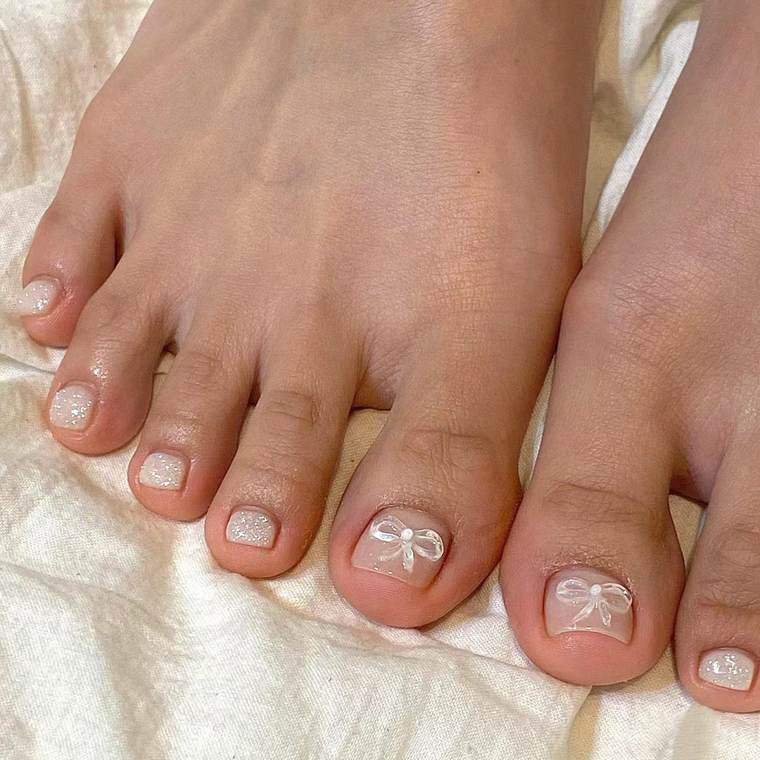 Whimsical Short Square Sheer Glitter Press-On Toenails with Delicate Bow Details