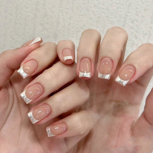 Chic Medium Square Beige Press-On Nails with Silver French Tip Design