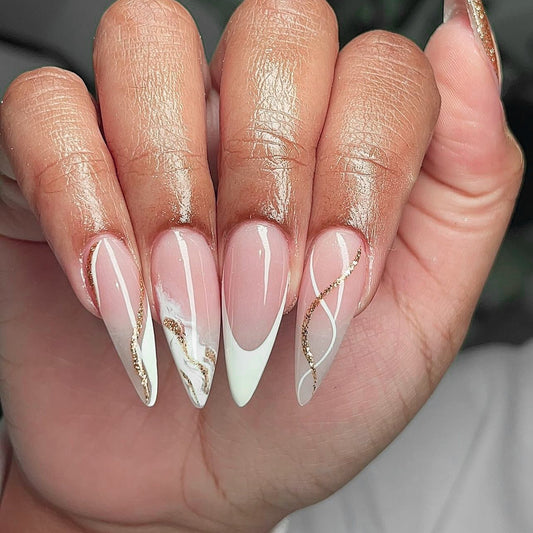 Ethereal Elegance Long Stiletto Ombre Press On Nails with Gold Swirl Accents