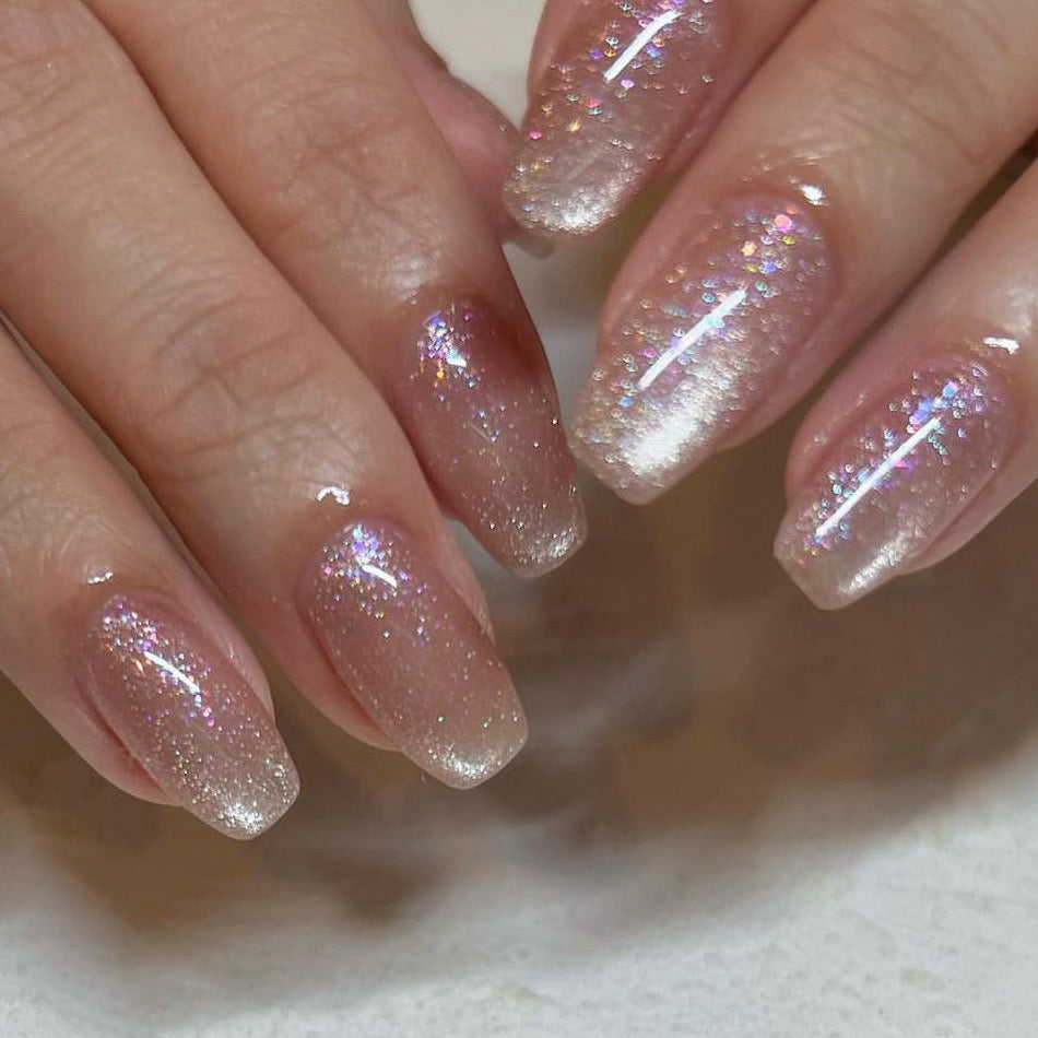 Enchanted Medium Squoval Iridescent Glitter Press-On Nails with Holographic Shine
