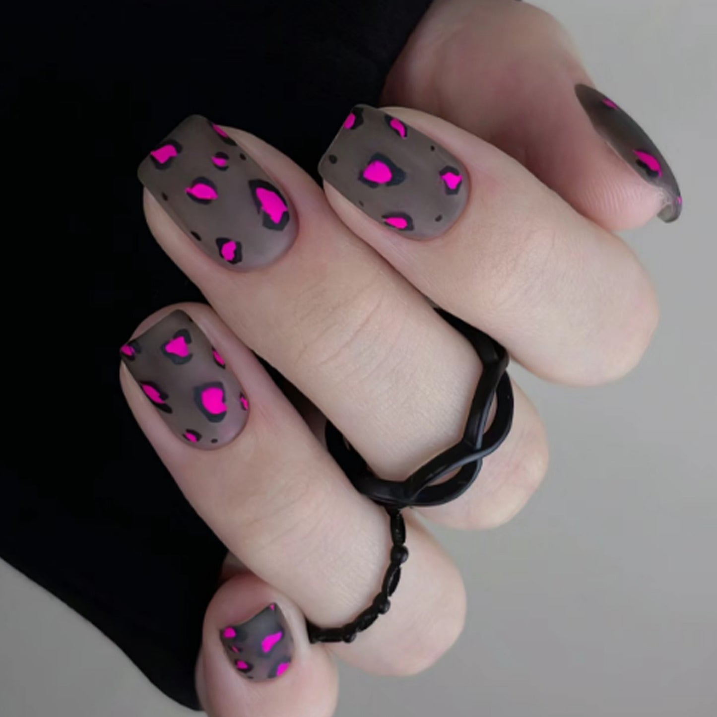 Edgy Medium Square Gray Press-On Nails with Vibrant Pink Splatter Accents