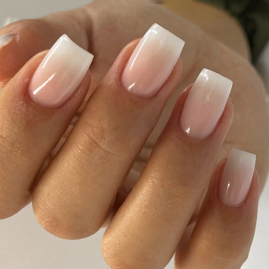Classic French Medium Square Pink and White Ombre Press On Nail Set with Glossy Finish